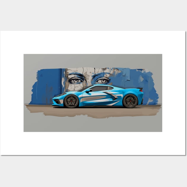 Rapid Blue C8 Corvette Stingray Supercar in front of a wall of graffiti with blue eyes looking back at you Sports car American Muscle car race car Wall Art by Tees 4 Thee